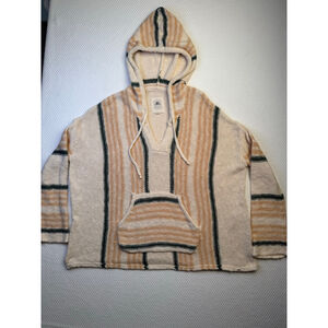 Rip Curl Baja Hoodie XS Tan Green Striped Pullover Kangaroo Pocket Surf Skate